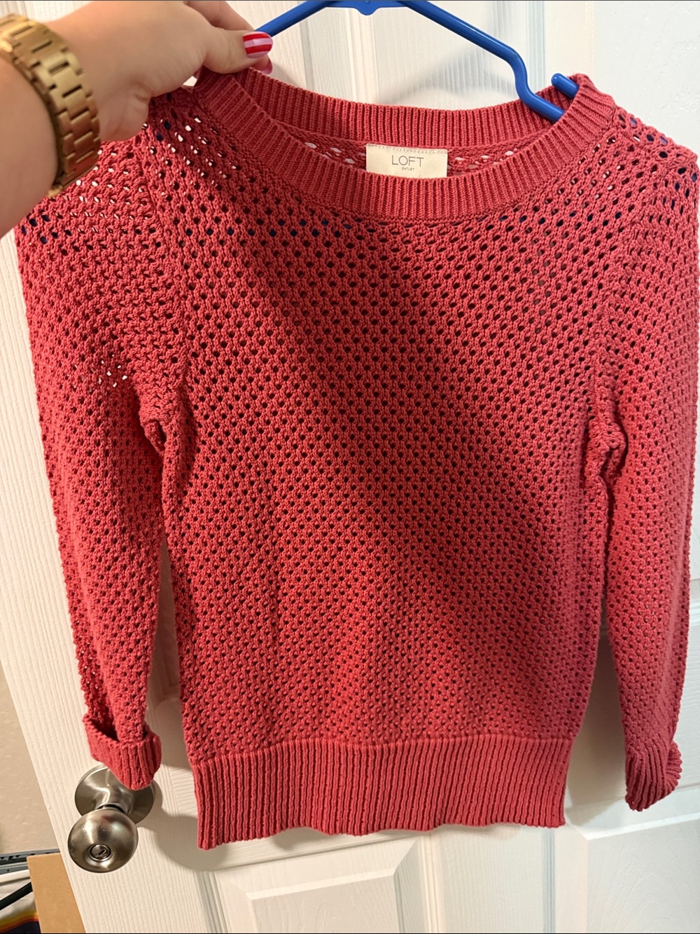 LOFT Coral Crewneck Open-Knit Sweater